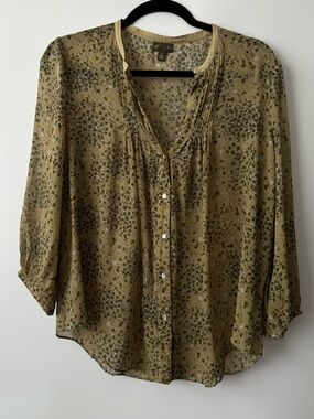 Fei Anthropologie 100% Silk Sheer Floral Pintuck Blouse Boho Olive Green Size 12